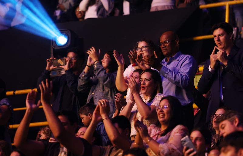 The crowds cheer and sing along the songs with world-renowned vocalist Ivete Sangalo during the "Songs of Hope" tour concert by The Tabernacle Choir and Orchestra at Temple Square at Ginasio do Ibirapuera in São Paulo, Brazil, Friday, Feb. 27, 2026.