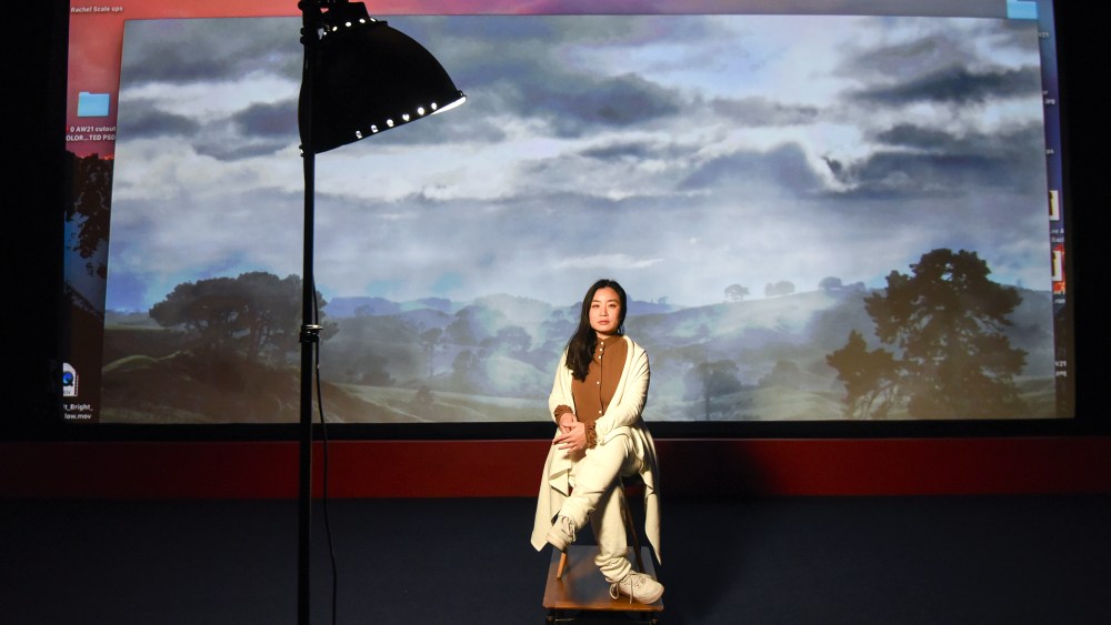 LONDON, ENGLAND - FEBRUARY 13: In this photo released on February 22, 2021, Designer Edeline Lee filming for her AW21 presentation during London Fashion Week February 2021 at Genesis Cinema on February 13, 2021 in London, England. (Photo by Kate Green/BFC/Getty Images)