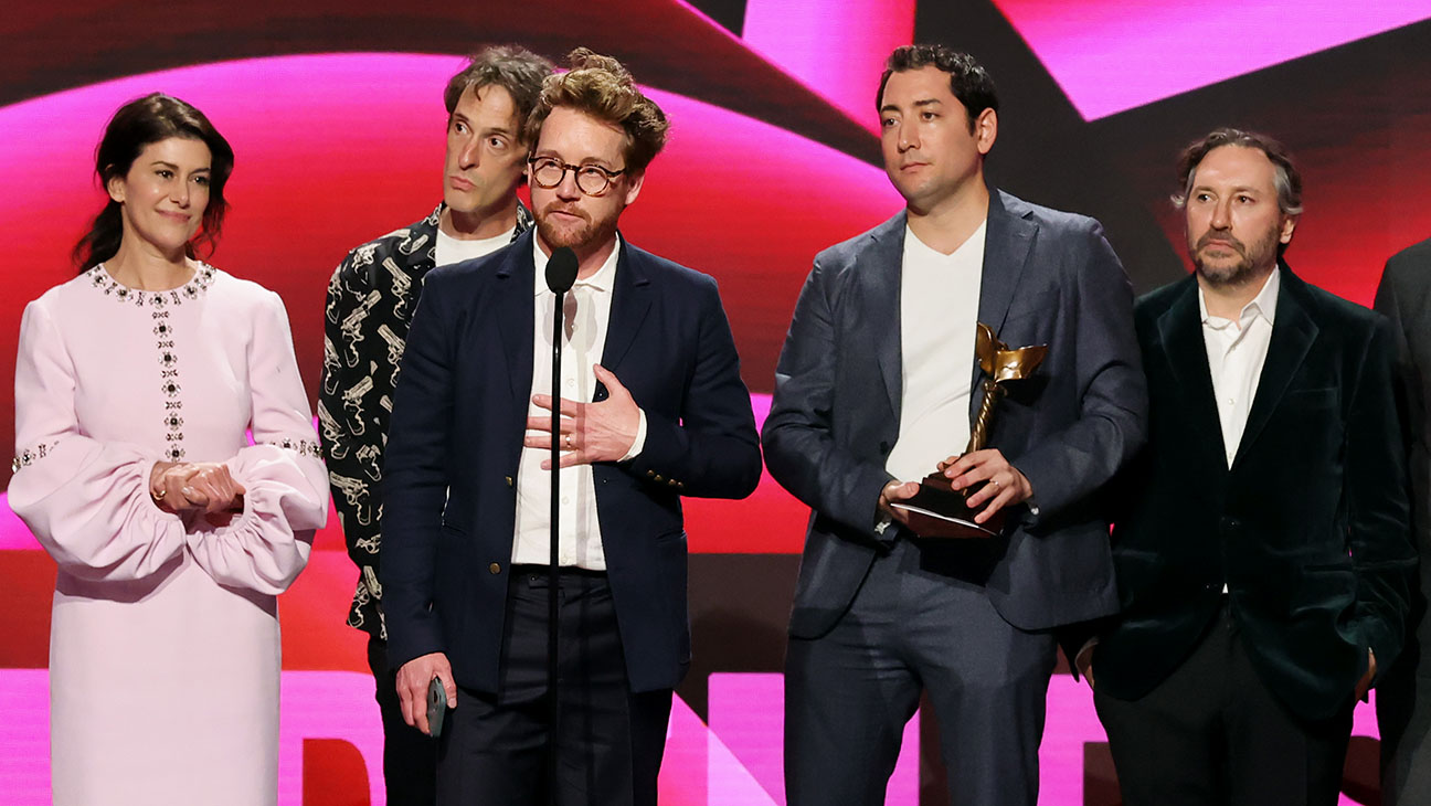 Marissa McMahon, Will Janowitz, Clint Bentley, Michael Heimler, and Teddy Schwarzman accept the best feature award for “Train Dreams” at the 2026 Film Independent Spirit Awards at Hollywood Palladium on Sunday.