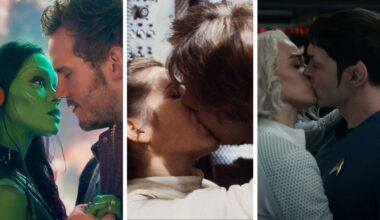 Three sci-fi couples kissing: Peter Quill &amp; Gamora, Han Solo &amp; Leia, and Nurse Chapel &amp; Spock