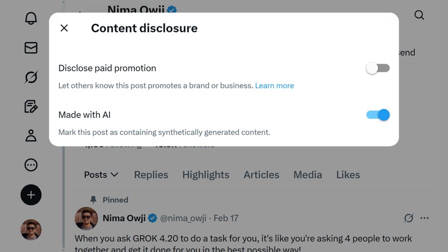 A screenshot of X’s in-development ai labels.