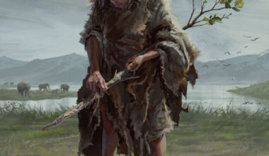 Scruffy-looking standing woman wrapped in ragged pelts holding and whittling on a straight sapling.