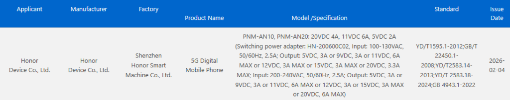 Honor Magic V6 3C certified