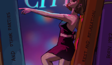 A woman leans against a book with text reading "TEXT AND THE CITY" in the background.