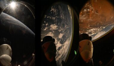 Three side-by-side fisheye photos from space show a spacecraft with Earth’s curved horizon; one shows sunlight, one with clouds over ocean, and one with a reddish landmass, all from the perspective of the spacecraft.