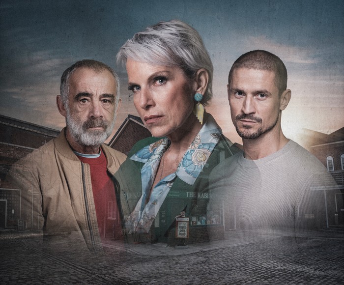 Coronation Street key art featuring faded images of Kevin, Debbie and Carl Webster atop an image of the soap's set; The Kabin and Underworld.