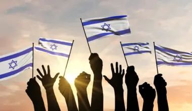 Silhouette of arms raised waving an Israel