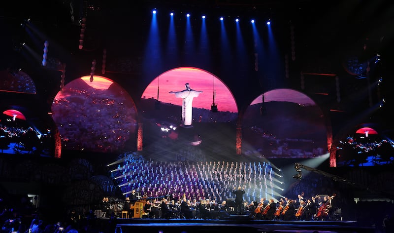 The Tabernacle Choir and Orchestra at Temple Square, under the direction of Mack Wilberg and Ryan Murphy, perform during the "Songs of Hope" tour concert at Ginasio do Ibirapuera in São Paulo, Brazil, Friday, Feb. 27, 2026.