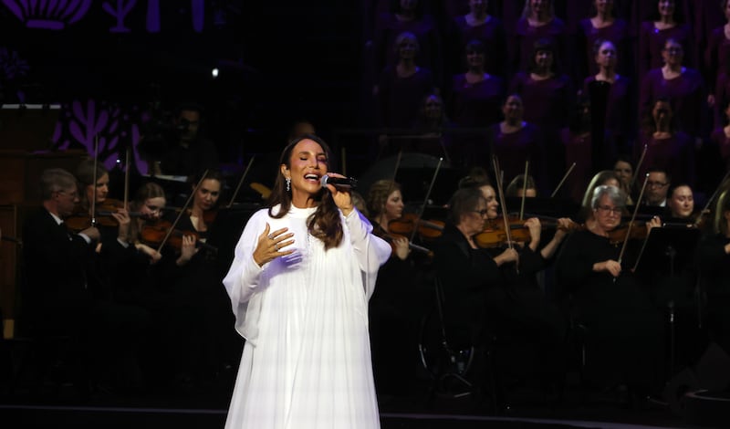 World-renowned vocalist Ivete Sangalo performs during the "Songs of Hope" tour concert by The Tabernacle Choir and Orchestra at Temple Square at Ginasio do Ibirapuera in São Paulo, Brazil, Friday, Feb. 27, 2026.