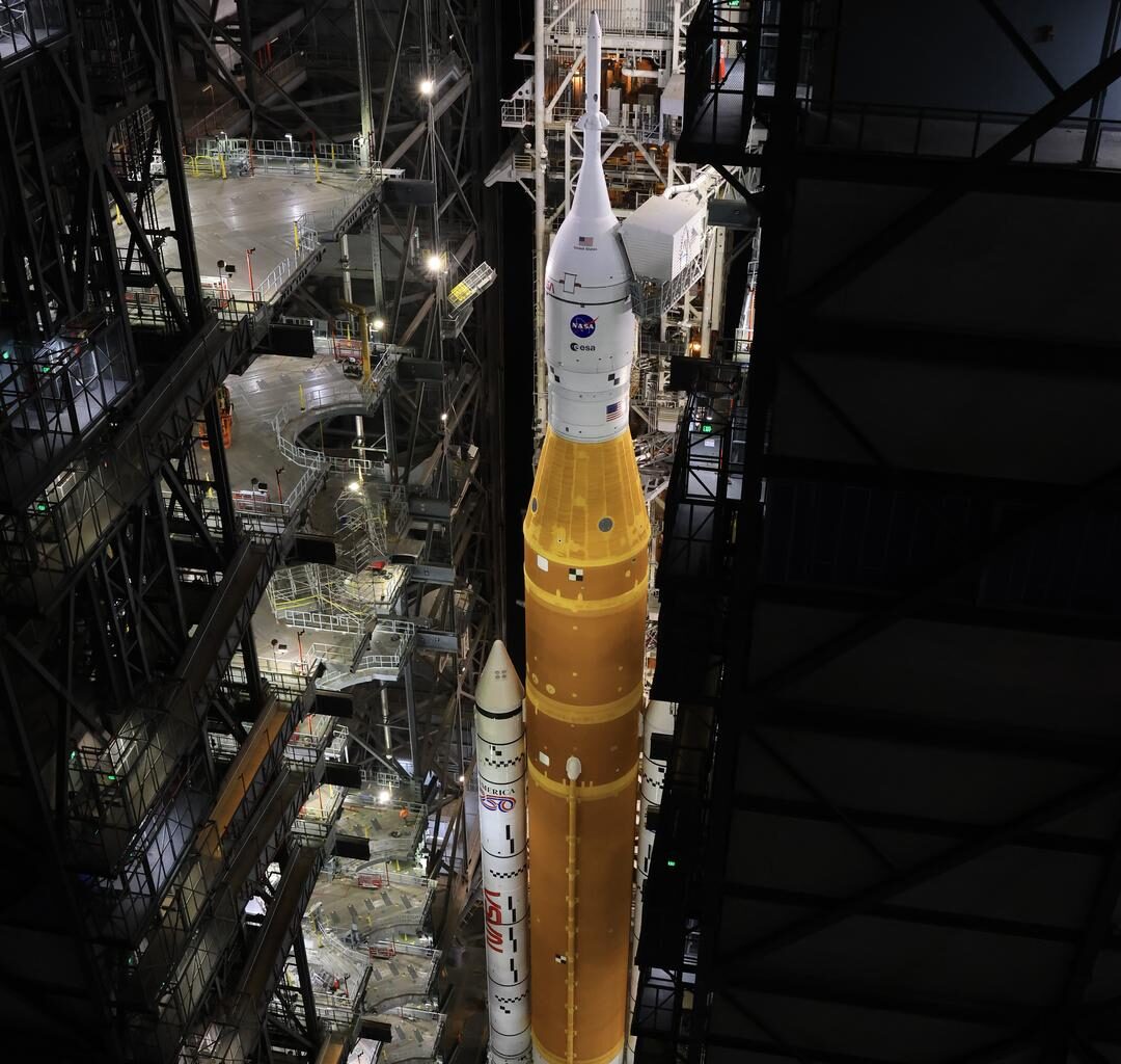 Image shows the inside the Vehicle Assembly Building at NASA's Kennedy Space Center in Florida on Wednesday, Feb. 25, 2026, with NASA's Space Launch System rocket with Orion's spacecraft atop for NASA's Artemis II mission.