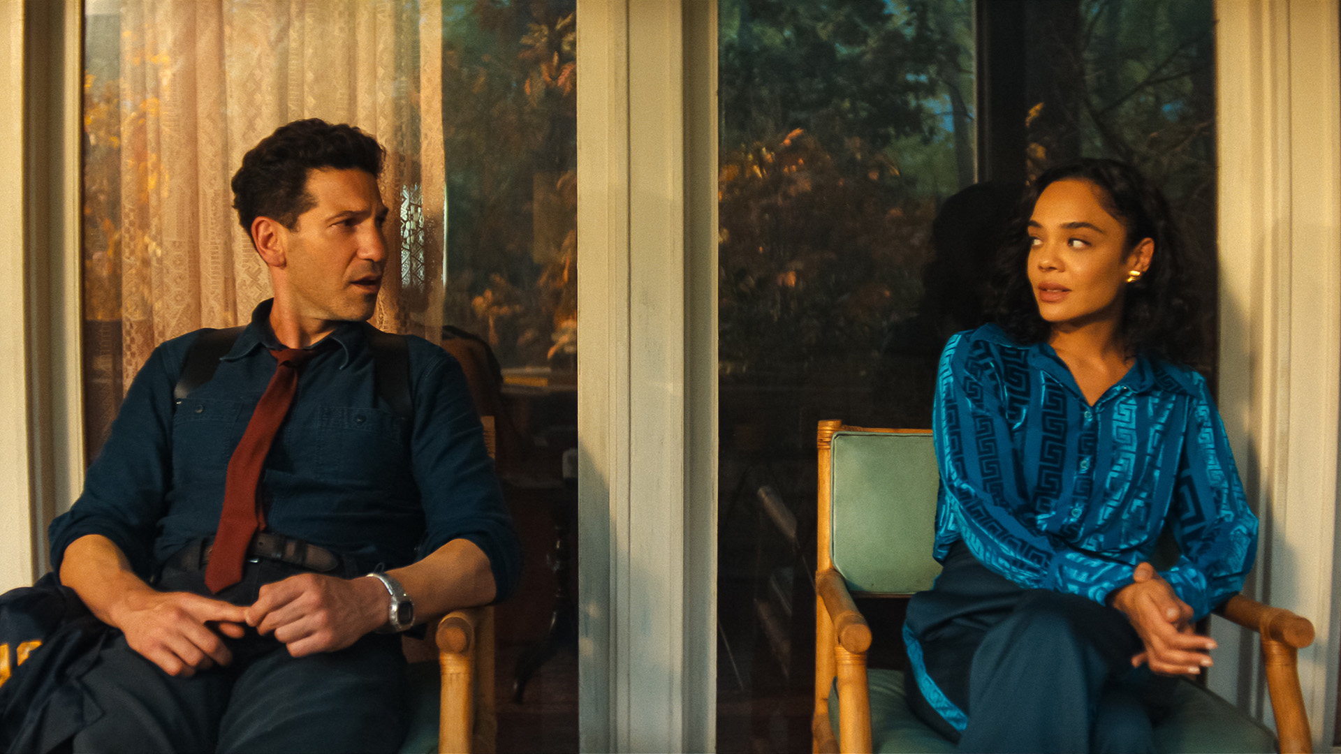 Jon Bernthal as Detective Jack Harper and Tessa Thompson as Anna in His &amp; Hers.