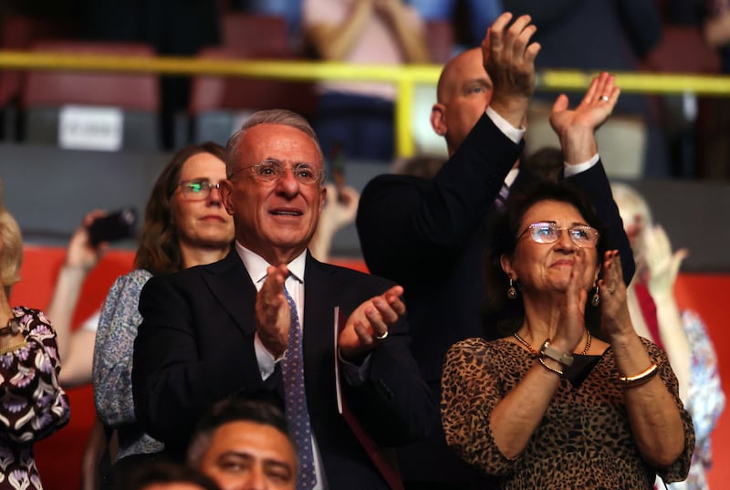 Elder Ulisses Soares of the Quorum of the Twelve Apostles and his wife, Sister Rosana Soares, applaud during the "Songs of Hope" tour concert by The Tabernacle Choir and Orchestra at Temple Square at Ginasio do Ibirapuera in São Paulo, Brazil, Friday, Feb. 27, 2026.