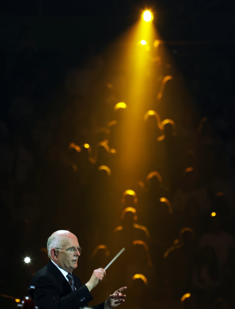Mack Wilberg, music director for The Tabernacle Choir at Temple Square conducts during the "Songs of Hope" tour concert by The Tabernacle Choir and Orchestra at Temple Square at Ginasio do Ibirapuera in São Paulo, Brazil, Friday, Feb. 27, 2026.