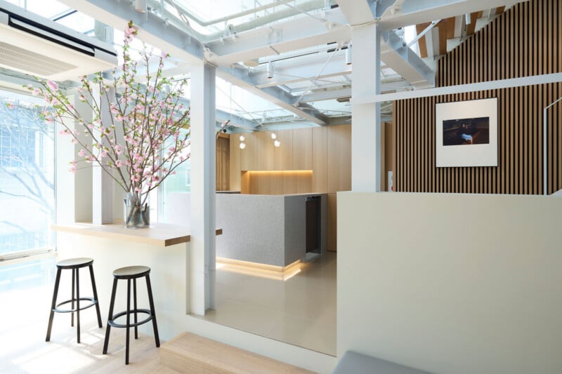 A modern, bright interior with large windows, light wood and white decor. Two black stools sit at a counter with a glass vase of pink blossoms. The space includes minimalist lighting and a framed picture on a wood-paneled wall.