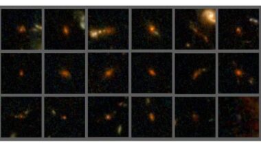 Eighteen of more than 400 distant, dusty galaxies in the early Universe. They formed nearly 13 billion years ago, not long after the Big Bang. Courtesy UMASS Amherst.