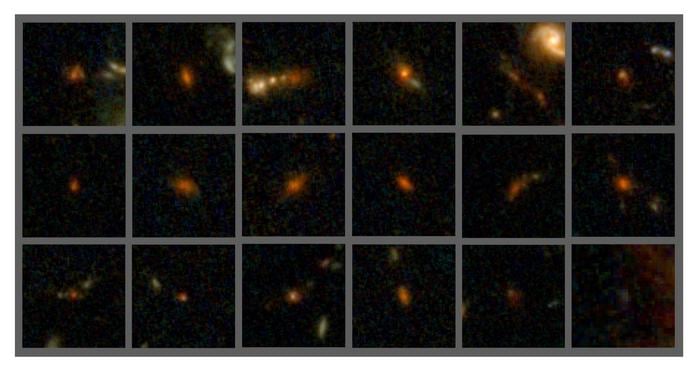 Eighteen of more than 400 distant, dusty galaxies in the early Universe. They formed nearly 13 billion years ago, not long after the Big Bang. Courtesy UMASS Amherst.