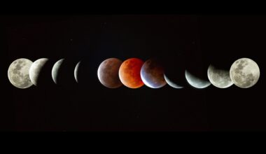 A series of gray circles of the moon imposed upon each other with a red circle in the middle showing a total lunar eclipse