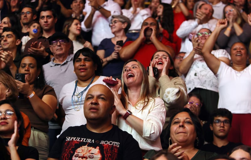 The crowds cheer and sing along the songs with world-renowned vocalist Ivete Sangalo during the "Songs of Hope" tour by The Tabernacle Choir and Orchestra at Temple Square at Ginasio do Ibirapuera in São Paulo, Brazil, Friday, Feb. 27, 2026.