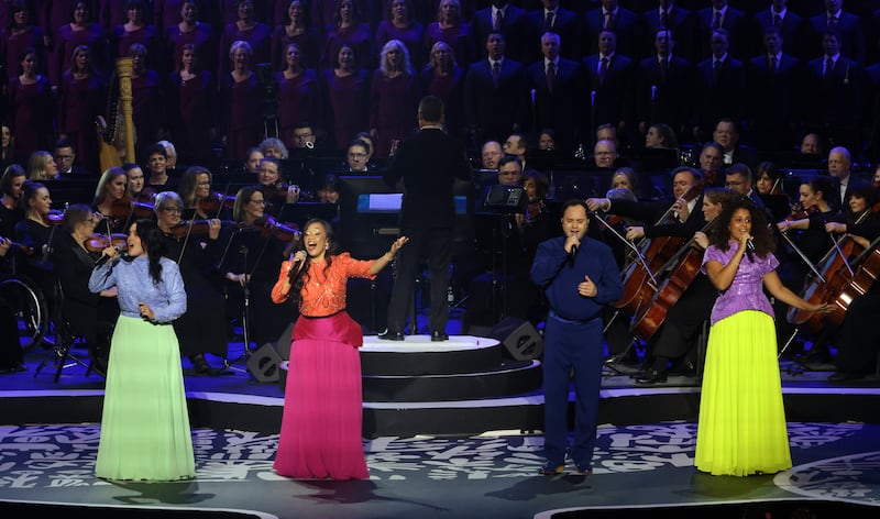 From left, Gabrielly Lourenço, Nicole Luz, João Daniel and Beatriz Marmelo perform during the "Songs of Hope" tour concert by The Tabernacle Choir and Orchestra at Temple Square at Ginasio do Ibirapuera in São Paulo, Brazil, Friday, Feb. 27, 2026.
