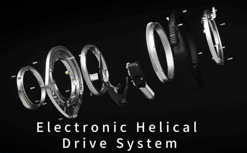 Exploded view of an electronic helical drive system, showing multiple circular metallic and black components suspended in sequence against a black background, with the text "Electronic Helical Drive System" below.