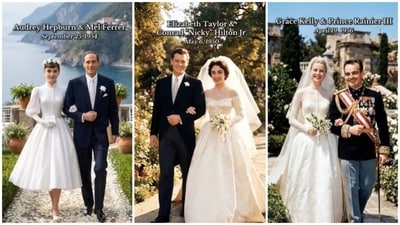 Audrey Hepburn wore a high-necked, ballerina-length dress paired with a signature crown of fresh white flowers. (X/ Beautiful Melody)