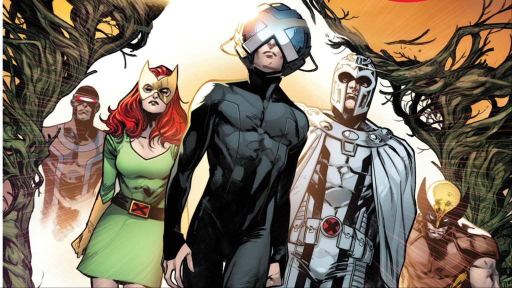 Cyclops, Jean Gret, Xavier, Magneto, and Wolverine walking out of a Krakoan portal