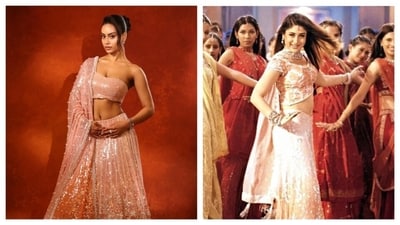 Kajol's daughter Nysa Devgan stuns in the 2026 reimagining of her Kabhi Khushi Kabhie Gham co-star Kareena Kapoor's Bole Chudiyan look. (Instagram/ Manish Malhotra and Kareena Kapoor in a still from Kabhi Khushi Kabhie Gham)