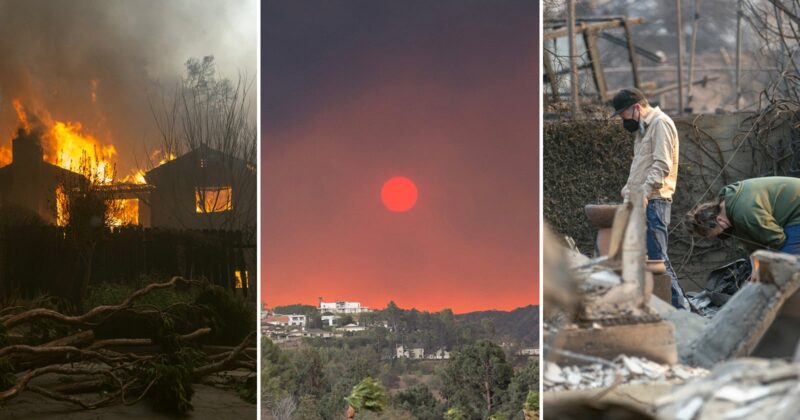 A collage of three images: a house engulfed in flames, a red sun in a smoky sky above homes, and two people wearing masks sifting through rubble in a burned area.