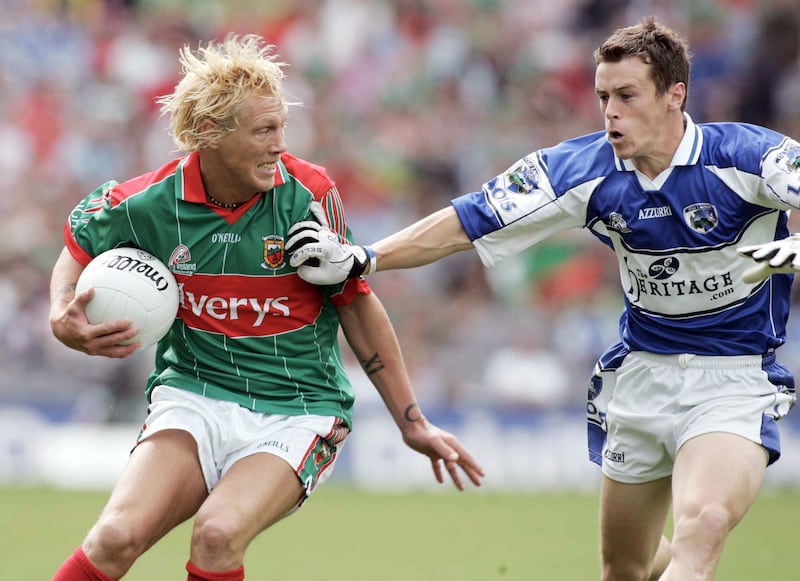 Ciarán McDonald (left), father of Kobe McDonald, in action for Mayo against Padraig McMahon of Laois in the 2006 All-Ireland Senior Football Championship quarter-final replay at Croke Park. Photograph: Lorraine O'Sullivan/Inpho