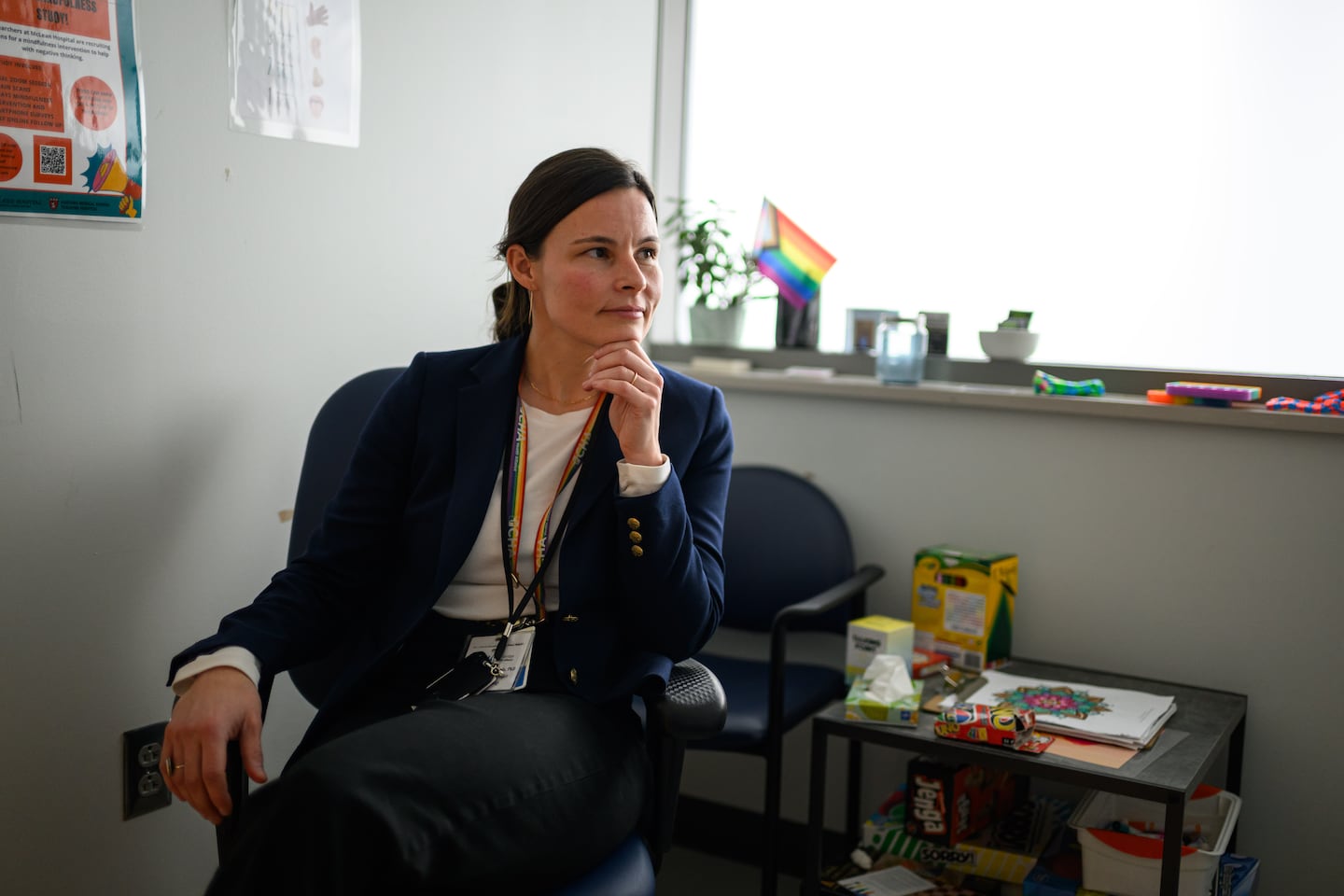 Ellie Richards, a psychologist at Cambridge Health Alliance and the clinical team lead with the grant, posed for a portrait in a behavioral health office at a mental health clinic in Somerville High School Jan. 21.
