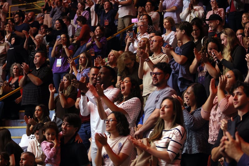 The crowds cheer and sing along the songs with world-renowned vocalist Ivete Sangalo during the "Songs of Hope" tour concert by The Tabernacle Choir and Orchestra at Temple Square at Ginasio do Ibirapuera in São Paulo, Brazil, Friday, Feb. 27, 2026.