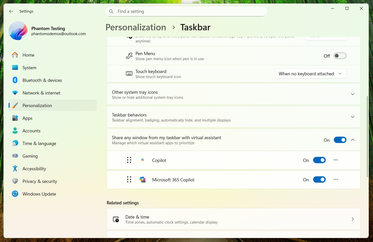 New Share any window from my taskbar with virtual assistant toggle in taskbar settings