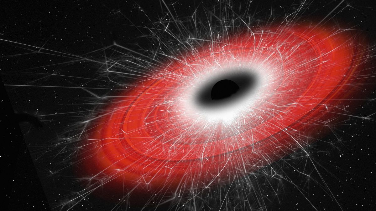 A conceptual illustration of Hawking radiation being emitted by a black hole.