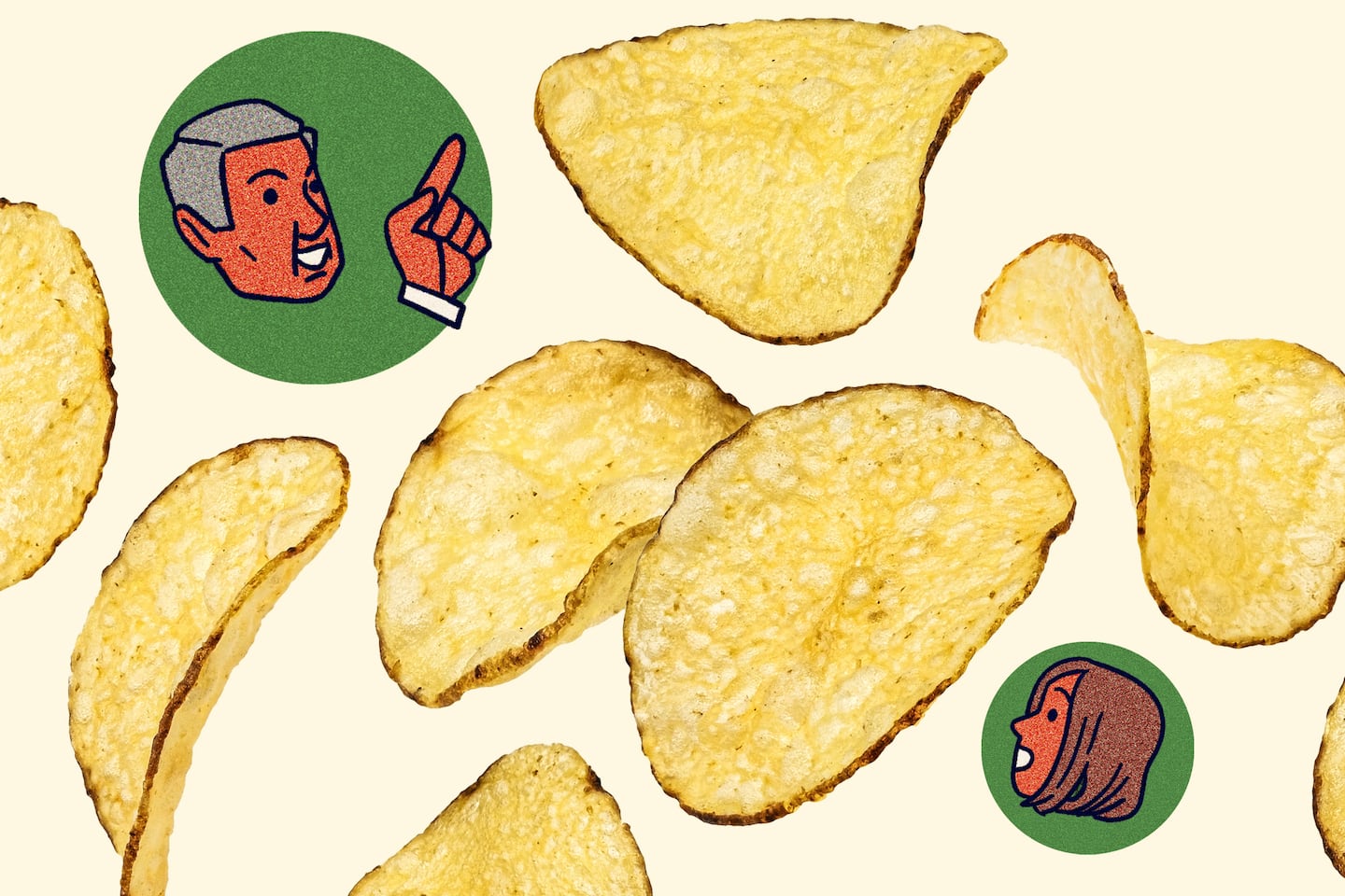A photo of about a half dozen chips spread out on a light background with two circle illustrations with cartoon style drawings of two people's heads mixed in.