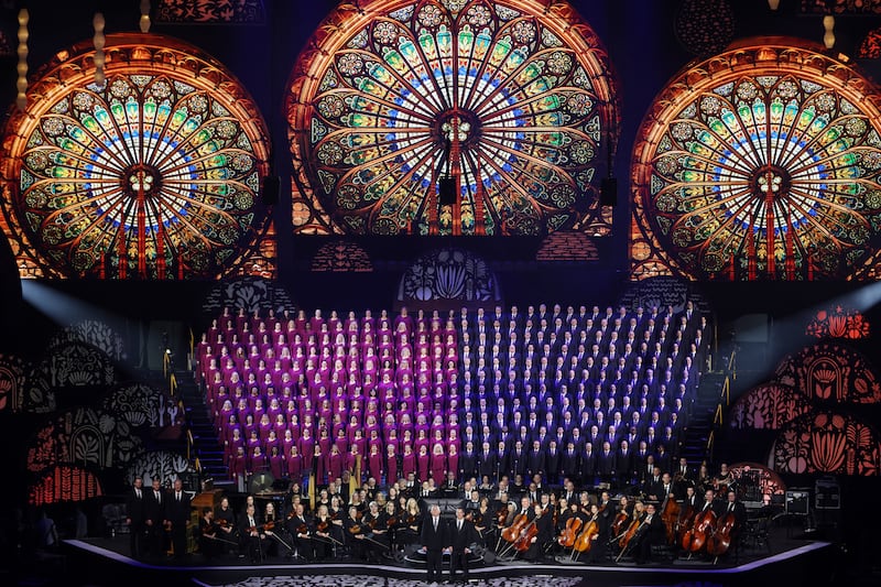 Mack Wilberg, music director of The Tabernacle Choir at Temple Square, and Ryan Murphy, assistant music director, stand for a posed photo following a rehearsal of the "Songs of Hope" tour concert by The Tabernacle Choir and Orchestra at Temple Square at Ginasio do Ibirapuera in São Paulo, Brazil, Thursday, Feb. 26, 2026.