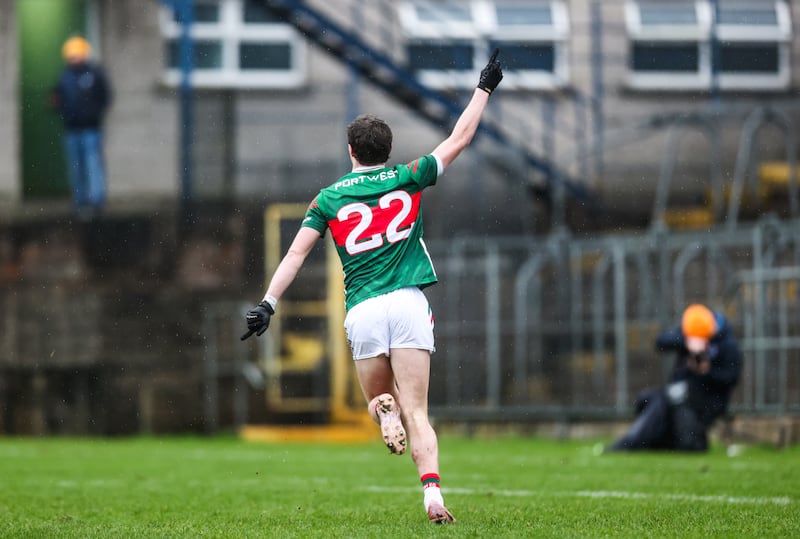 Mayo's Kobe McDonald celebrates after scoring his side's second goal of the match. Photograph: Tom Maher/Inpho