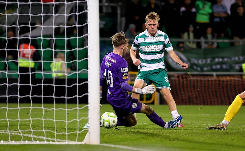 Shamrock Rovers’ Michael Noonan scores his side’s fifth goal of the game. Photograph: Ryan Byrne/Inpho