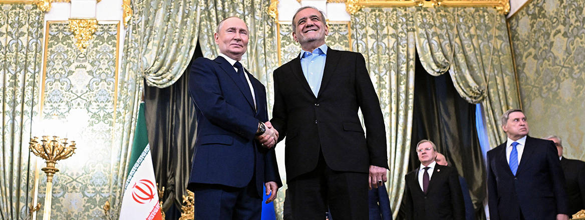 Russian President Vladimir Putin and Iranian President Masoud Pezeshkian prior to their talks at the Kremlin in Moscow, Russia.
