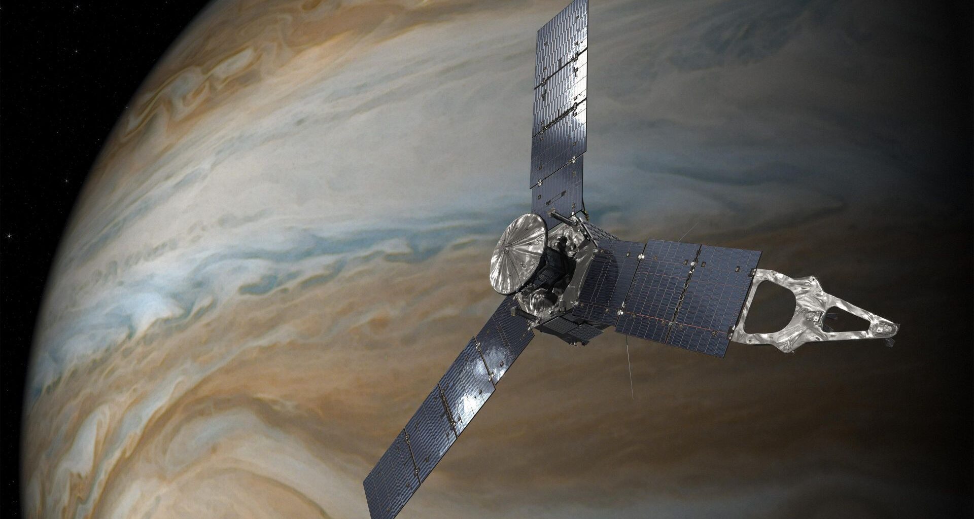 An illustration of a spacecraft with three opposing solar panels floats in front of the planet Jupiter, its blue and brown clouds swirling on its surface