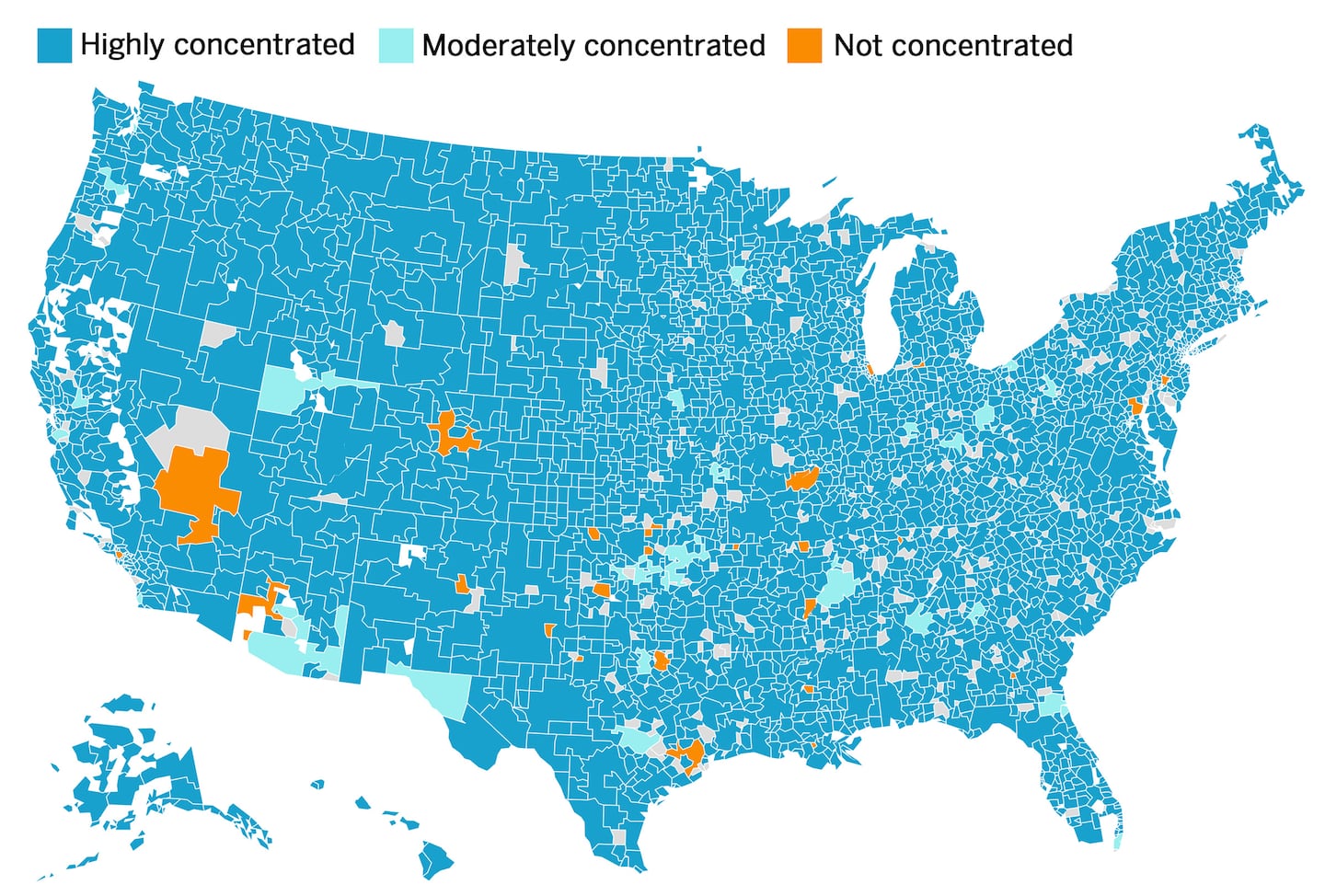 Map of the United States showing areas of concentration, with most regions in dark blue indicating high concentration, some in light blue for moderate concentration, and a few in orange for no concentration. The largest orange section is in the southern Nevada area.