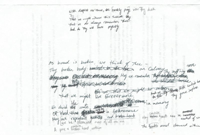 Stephen Reynolds' notes on his sacrament meeting program on Sunday, July 2, 2017, later became the new hymn "As Bread Is Broken."