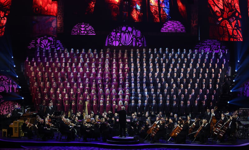 The Tabernacle Choir and Orchestra at Temple Square, under the direction of Mack Wilberg and Ryan Murphy, perform during the "Songs of Hope" tour concert  at Ginasio do Ibirapuera in São Paulo, Brazil, Friday, Feb. 27, 2026.