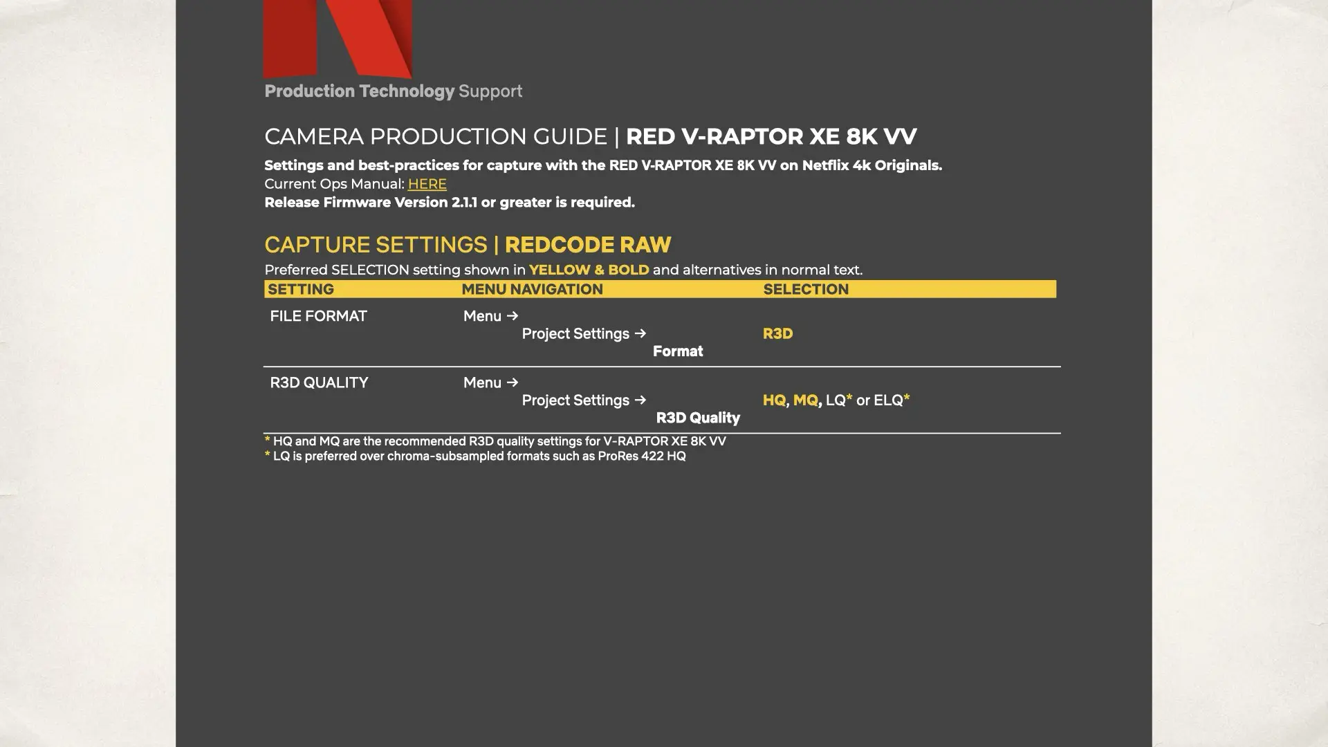 RED V-RAPTOR XE 8K VV: Netflix Production Guide
