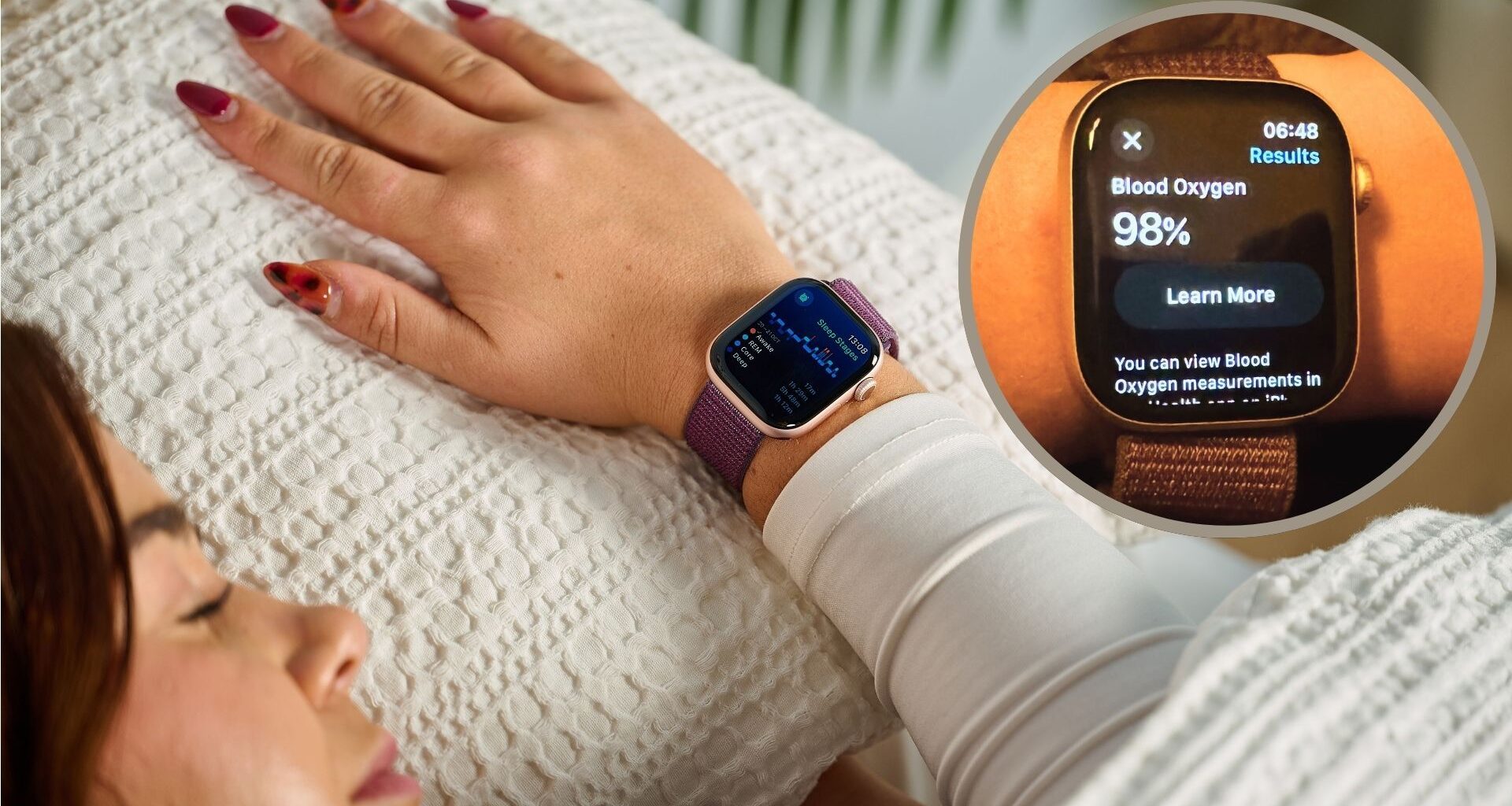 A young woman sleeps with her hand on a pillow. On her wrist, there is a an Apple Watch tracking her sleep. In the top right foreground, a circular frame features a close-up image of her blood oxygen levels.