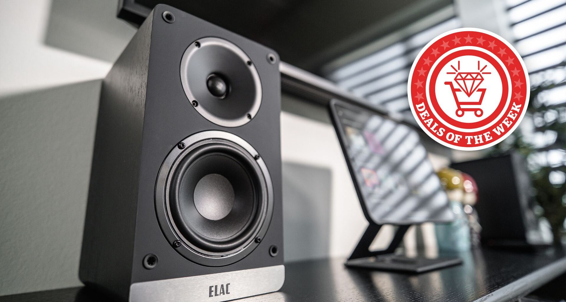 The Elac Debut ConneX DCB4 with the Deals of the Week logo overlaid