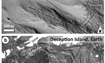 Comparative picture of Hecates Tholus and Deception Island from a similar angle. Credit - M.A. de Pablo et al.