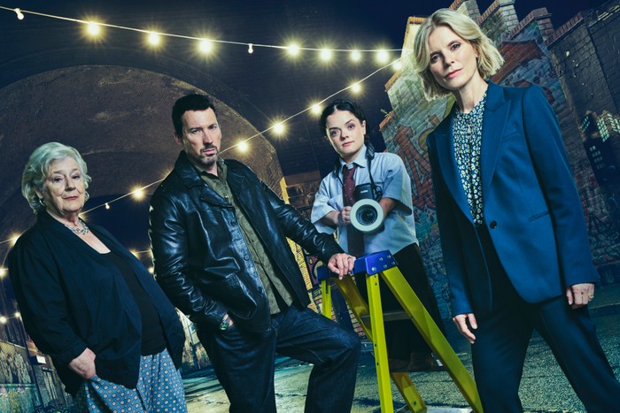 Emilia Fox as Dr Nikki Alexander, David Caves as Jack Hodgson, Maggie Steed as Harriet Maven and Francesca Mills as Kit Brookes stand in a promotional image for BBC's Silent Witness.