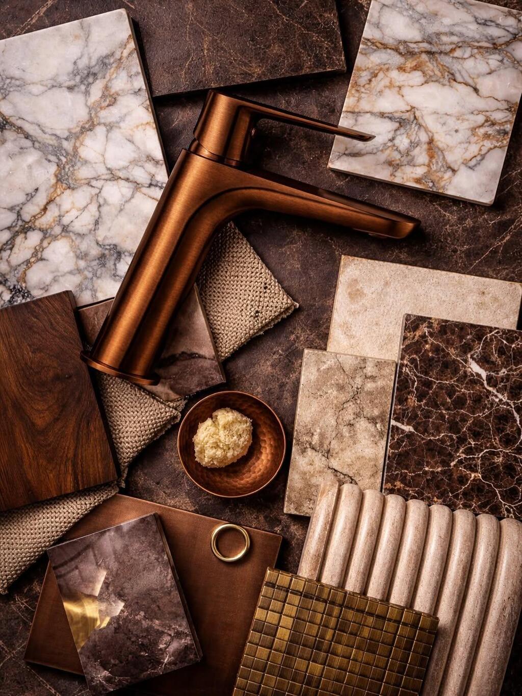 Instead of a black faucet: a copper tap with a special finish that prevents discoloration, by Italian company Icrolla (Photo: Courtesy of Boutique Ceramic) פלטת חומרים עשירה בהשראת הטבע עם ברז נחושת בציפוי מיוחד שלא ישנה צבע של החברה האיטלקית icrolla