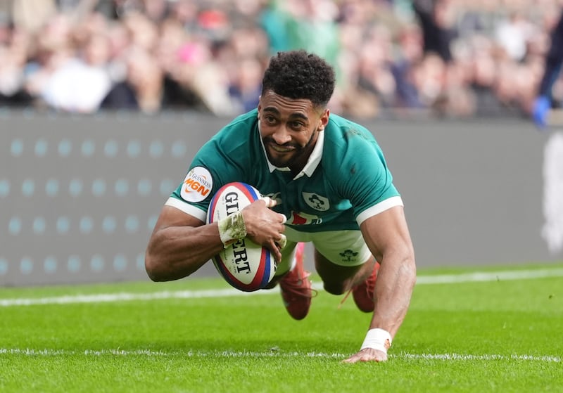 Ireland's Robert Baloucoune scores their second try against England at Twickenham. Photograph: Adam Davy/PA 

