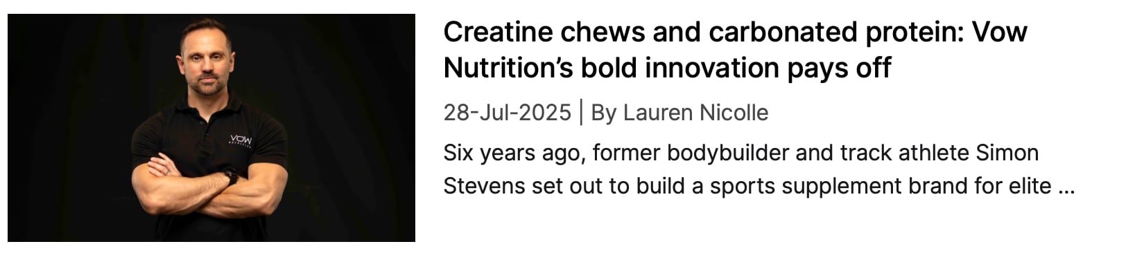 Screenshot of NutraIngredients coverage: "Creatine chews and carbonated protein"